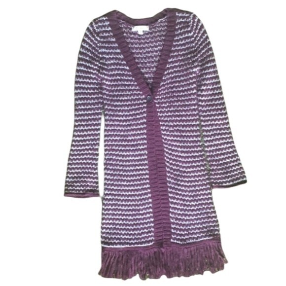 DECREE Maroon Stripe Duster Fringe Sweater - L - Picture 2 of 12